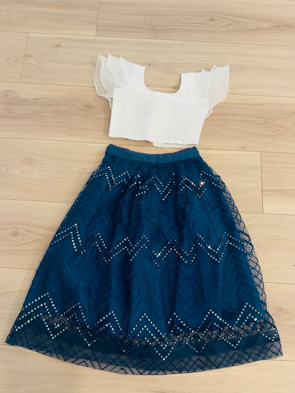 Kids White Ruffled Crop Top with Navy Embellished A-Line Skirt